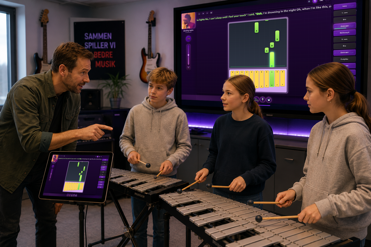 Lærer hjælper elever med JamBoxEdu i musiklokalet